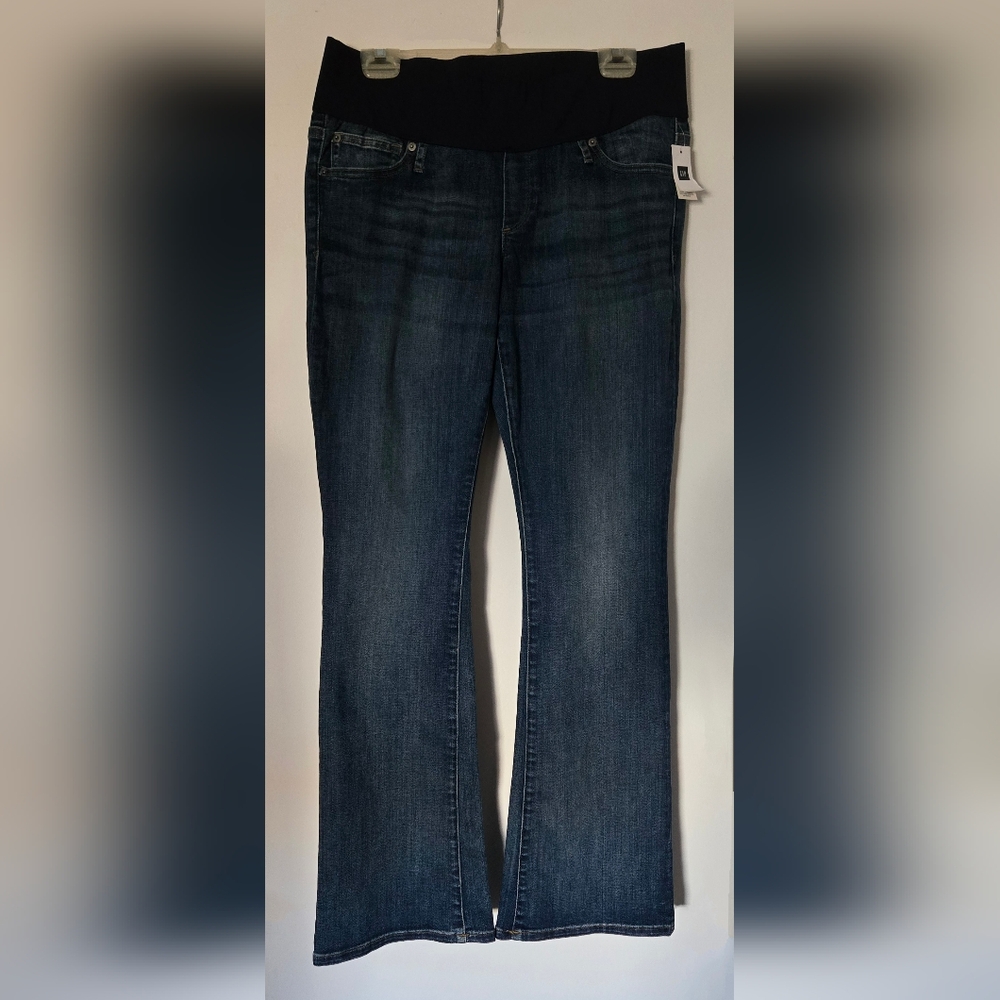 GAP Size 12 Maternity Jeans: Medium Indigo; Distressed; Baby Boot; Demi Panel